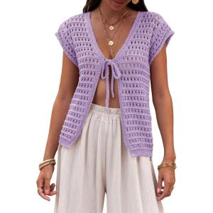Saodimallsu Womens Tie Crochet Shrug Short Sleeve Open Front Lightweight Knit Cropped Cardigan Sweaters Cover Up(Purple)