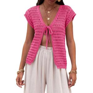 Saodimallsu Womens Tie Crochet Shrug Short Sleeve Open Front Lightweight Knit Cropped Cardigan Sweaters Cover Up(Rose Red)
