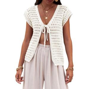 Saodimallsu Womens Tie Crochet Shrug Short Sleeve Open Front Lightweight Knit Cropped Cardigan Sweaters Cover Up(White)