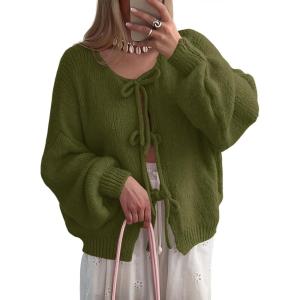 Saodimallsu Womens Tie Front Cardigan Sweaters Cute Bow Puff Long Sleeve 2025 Fall Loose Ribbed Knit Trendy Sweater Tops(Army Green)