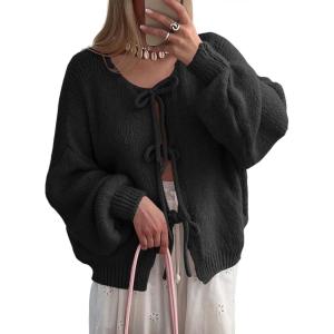 Saodimallsu Womens Tie Front Cardigan Sweaters Cute Bow Puff Long Sleeve 2025 Fall Loose Ribbed Knit Trendy Sweater Tops(Black)