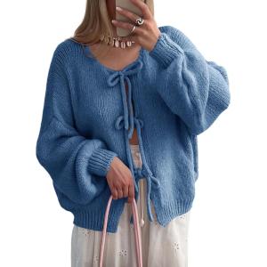 Saodimallsu Womens Tie Front Cardigan Sweaters Cute Bow Puff Long Sleeve 2025 Fall Loose Ribbed Knit Trendy Sweater Tops(Blue)