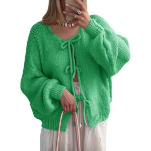 Saodimallsu Womens Tie Front Cardigan Sweaters Cute Bow Puff Long Sleeve 2025 Fall Loose Ribbed Knit Trendy Sweater Tops(Bright Green)
