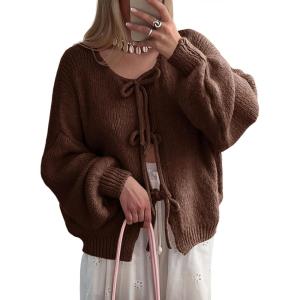 Saodimallsu Womens Tie Front Cardigan Sweaters Cute Bow Puff Long Sleeve 2025 Fall Loose Ribbed Knit Trendy Sweater Tops(Brown)