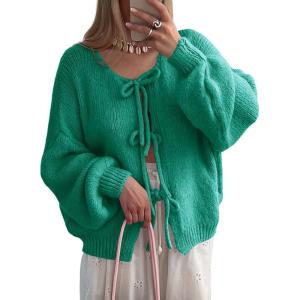 Saodimallsu Womens Tie Front Cardigan Sweaters Cute Bow Puff Long Sleeve 2025 Fall Loose Ribbed Knit Trendy Sweater Tops(Green)