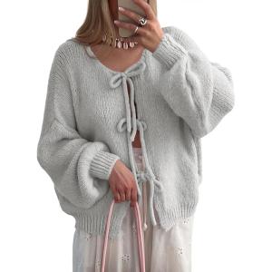 Saodimallsu Womens Tie Front Cardigan Sweaters Cute Bow Puff Long Sleeve 2025 Fall Loose Ribbed Knit Trendy Sweater Tops(Grey)