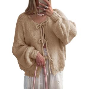 Saodimallsu Womens Tie Front Cardigan Sweaters Cute Bow Puff Long Sleeve 2025 Fall Loose Ribbed Knit Trendy Sweater Tops(Khaki)