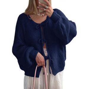 Saodimallsu Womens Tie Front Cardigan Sweaters Cute Bow Puff Long Sleeve 2025 Fall Loose Ribbed Knit Trendy Sweater Tops(Navy)