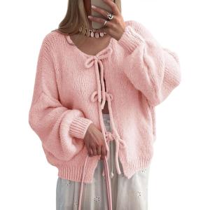 Saodimallsu Womens Tie Front Cardigan Sweaters Cute Bow Puff Long Sleeve 2025 Fall Loose Ribbed Knit Trendy Sweater Tops(Pink)