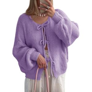 Saodimallsu Womens Tie Front Cardigan Sweaters Cute Bow Puff Long Sleeve 2025 Fall Loose Ribbed Knit Trendy Sweater Tops(Purple)