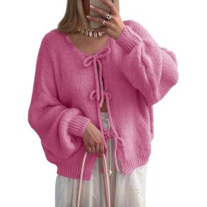 Saodimallsu Womens Tie Front Cardigan Sweaters Cute Bow Puff Long Sleeve 2025 Fall Loose Ribbed Knit Trendy Sweater Tops(Rose Red)