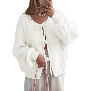 Saodimallsu Womens Tie Front Cardigan Sweaters Cute Bow Puff Long Sleeve 2025 Fall Loose Ribbed Knit Trendy Sweater Tops(White)