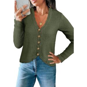 Saodimallsu Womens V Neck Cardigan Sweaters Button Up Cropped Boho Knit Long Sleeve Loose Trendy Sweater Tops(Army Green)