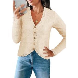 Saodimallsu Womens V Neck Cardigan Sweaters Button Up Cropped Boho Knit Long Sleeve Loose Trendy Sweater Tops(Beige)