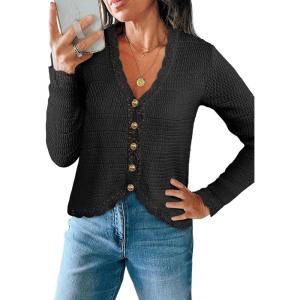 Saodimallsu Womens V Neck Cardigan Sweaters Button Up Cropped Boho Knit Long Sleeve Loose Trendy Sweater Tops(Black)
