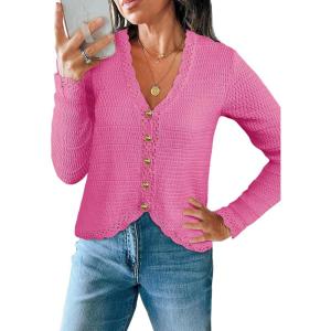 Saodimallsu Womens V Neck Cardigan Sweaters Button Up Cropped Boho Knit Long Sleeve Loose Trendy Sweater Tops(Bright Pink)