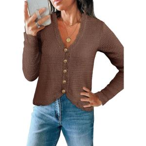 Saodimallsu Womens V Neck Cardigan Sweaters Button Up Cropped Boho Knit Long Sleeve Loose Trendy Sweater Tops(Brown)