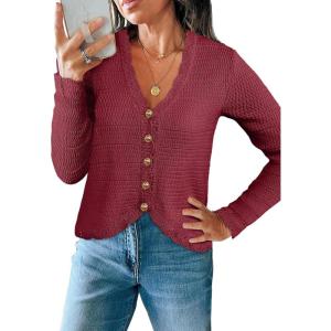 Saodimallsu Womens V Neck Cardigan Sweaters Button Up Cropped Boho Knit Long Sleeve Loose Trendy Sweater Tops(Burgundy)