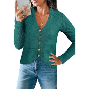 Saodimallsu Womens V Neck Cardigan Sweaters Button Up Cropped Boho Knit Long Sleeve Loose Trendy Sweater Tops(Dark Green)