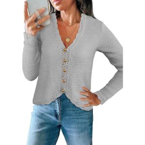 Saodimallsu Womens V Neck Cardigan Sweaters Button Up Cropped Boho Knit Long Sleeve Loose Trendy Sweater Tops(Gray)