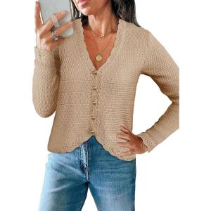 Saodimallsu Womens V Neck Cardigan Sweaters Button Up Cropped Boho Knit Long Sleeve Loose Trendy Sweater Tops(Khaki)
