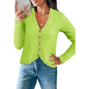 Saodimallsu Womens V Neck Cardigan Sweaters Button Up Cropped Boho Knit Long Sleeve Loose Trendy Sweater Tops(Light Green)