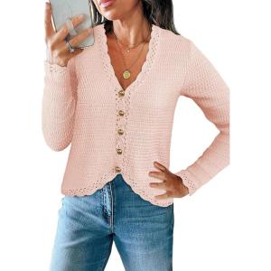 Saodimallsu Womens V Neck Cardigan Sweaters Button Up Cropped Boho Knit Long Sleeve Loose Trendy Sweater Tops(Nude Pink)