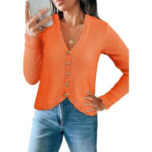 Saodimallsu Womens V Neck Cardigan Sweaters Button Up Cropped Boho Knit Long Sleeve Loose Trendy Sweater Tops(Orange)