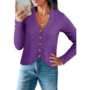 Saodimallsu Womens V Neck Cardigan Sweaters Button Up Cropped Boho Knit Long Sleeve Loose Trendy Sweater Tops(Purple)