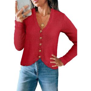Saodimallsu Womens V Neck Cardigan Sweaters Button Up Cropped Boho Knit Long Sleeve Loose Trendy Sweater Tops(Red)