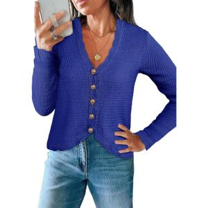 Saodimallsu Womens V Neck Cardigan Sweaters Button Up Cropped Boho Knit Long Sleeve Loose Trendy Sweater Tops(Royal Blue)