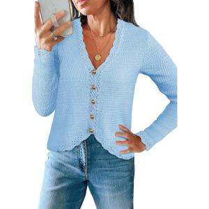 Saodimallsu Womens V Neck Cardigan Sweaters Button Up Cropped Boho Knit Long Sleeve Loose Trendy Sweater Tops(Sky Blue)