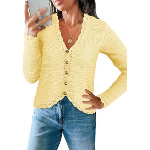 Saodimallsu Womens V Neck Cardigan Sweaters Button Up Cropped Boho Knit Long Sleeve Loose Trendy Sweater Tops(Yellow)