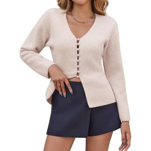 Saodimallsu Womens V Neck Cardigan Sweaters Button Up Fall Trendy Front Split Long Sleeve Sweater Blazer(Apricot)
