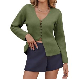 Saodimallsu Womens V Neck Cardigan Sweaters Button Up Fall Trendy Front Split Long Sleeve Sweater Blazer(Army Green)