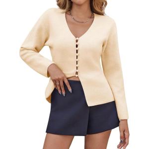 Saodimallsu Womens V Neck Cardigan Sweaters Button Up Fall Trendy Front Split Long Sleeve Sweater Blazer(Beige)