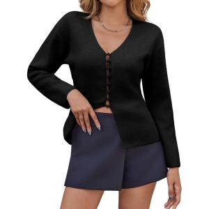Saodimallsu Womens V Neck Cardigan Sweaters Button Up Fall Trendy Front Split Long Sleeve Sweater Blazer(Black)