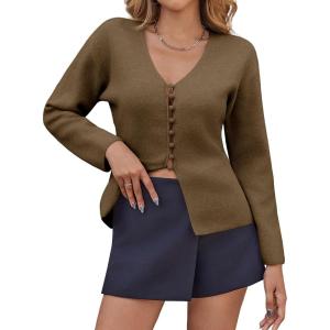 Saodimallsu Womens V Neck Cardigan Sweaters Button Up Fall Trendy Front Split Long Sleeve Sweater Blazer(Brown)