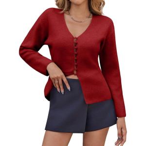 Saodimallsu Womens V Neck Cardigan Sweaters Button Up Fall Trendy Front Split Long Sleeve Sweater Blazer(Burgundy)