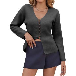 Saodimallsu Womens V Neck Cardigan Sweaters Button Up Fall Trendy Front Split Long Sleeve Sweater Blazer(Dark Grey)