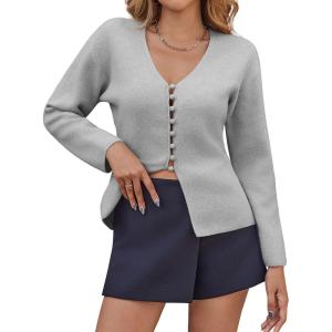 Saodimallsu Womens V Neck Cardigan Sweaters Button Up Fall Trendy Front Split Long Sleeve Sweater Blazer(Light Grey)