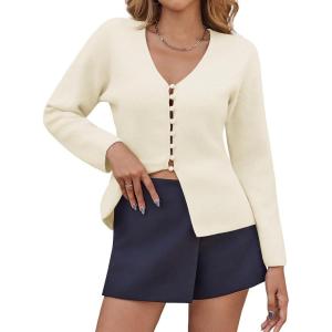 Saodimallsu Womens V Neck Cardigan Sweaters Button Up Fall Trendy Front Split Long Sleeve Sweater Blazer(White)