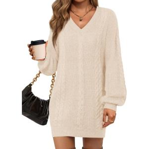 Saodimallsu Womens V Neck Mini Sweater Dress Cable Knit Long Lantern Sleeve Casual Loose Fall Tunic Pullover Sweaters(Apricot)