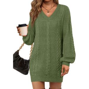 Saodimallsu Womens V Neck Mini Sweater Dress Cable Knit Long Lantern Sleeve Casual Loose Fall Tunic Pullover Sweaters(Army Green)