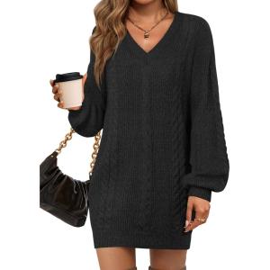 Saodimallsu Womens V Neck Mini Sweater Dress Cable Knit Long Lantern Sleeve Casual Loose Fall Tunic Pullover Sweaters(Black)