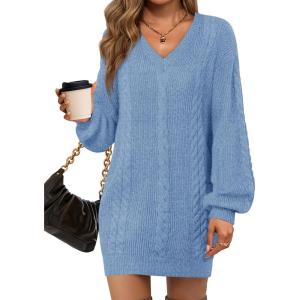 Saodimallsu Womens V Neck Mini Sweater Dress Cable Knit Long Lantern Sleeve Casual Loose Fall Tunic Pullover Sweaters(Blue)
