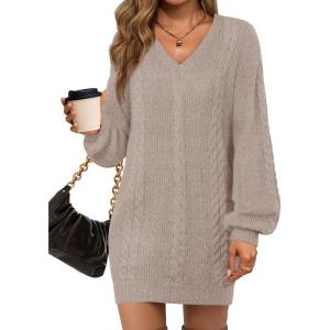 Saodimallsu Womens V Neck Mini Sweater Dress Cable Knit Long Lantern Sleeve Casual Loose Fall Tunic Pullover Sweaters(Khaki)