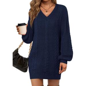 Saodimallsu Womens V Neck Mini Sweater Dress Cable Knit Long Lantern Sleeve Casual Loose Fall Tunic Pullover Sweaters(Navy Blue)