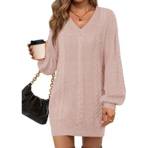 Saodimallsu Womens V Neck Mini Sweater Dress Cable Knit Long Lantern Sleeve Casual Loose Fall Tunic Pullover Sweaters(Pink)