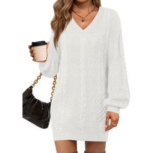 Saodimallsu Womens V Neck Mini Sweater Dress Cable Knit Long Lantern Sleeve Casual Loose Fall Tunic Pullover Sweaters(White)